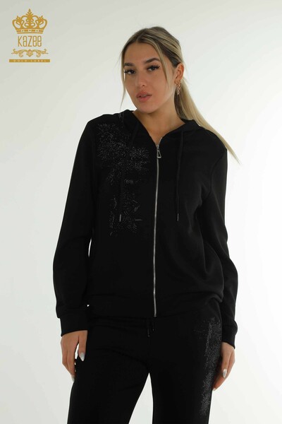 Черный женский спортивный костюм оптом с каменной вышивкой - 17560 | КАZEE - Thumbnail (2)