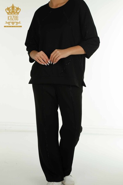 Черный женский спортивный костюм оптом с каменной вышивкой - 17657 | КАZEE - Thumbnail (2)