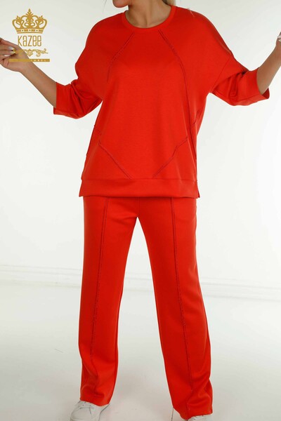 Оптовый женский спортивный костюм с каменной вышивкой оранжевый - 17657 | КАZEE - Thumbnail