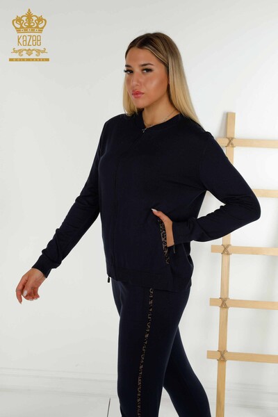 Оптовая продажа женского спортивного костюма с вышивкой камнями темно-синего цвета - 16677 | КАZEE - Thumbnail