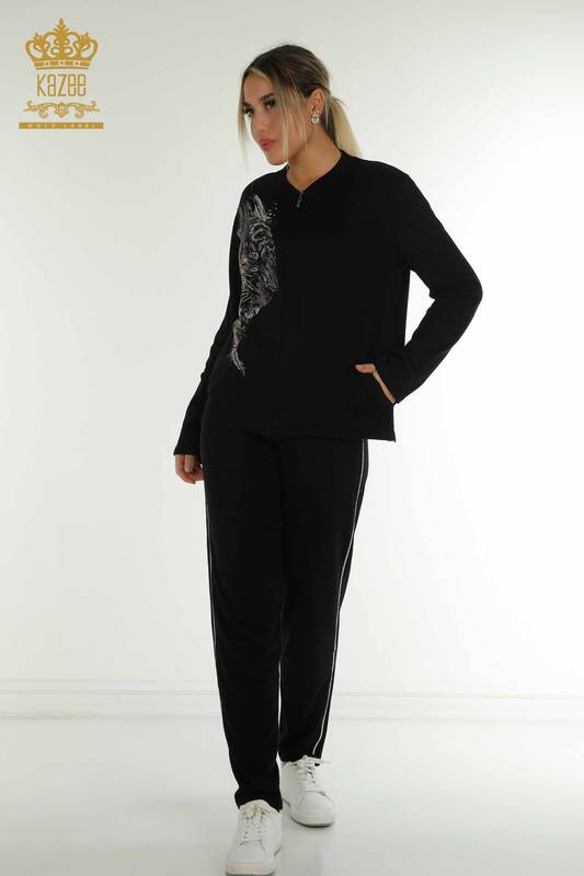 Черный женский спортивный костюм оптом с леопардовым узором - 16660 | КАZEE