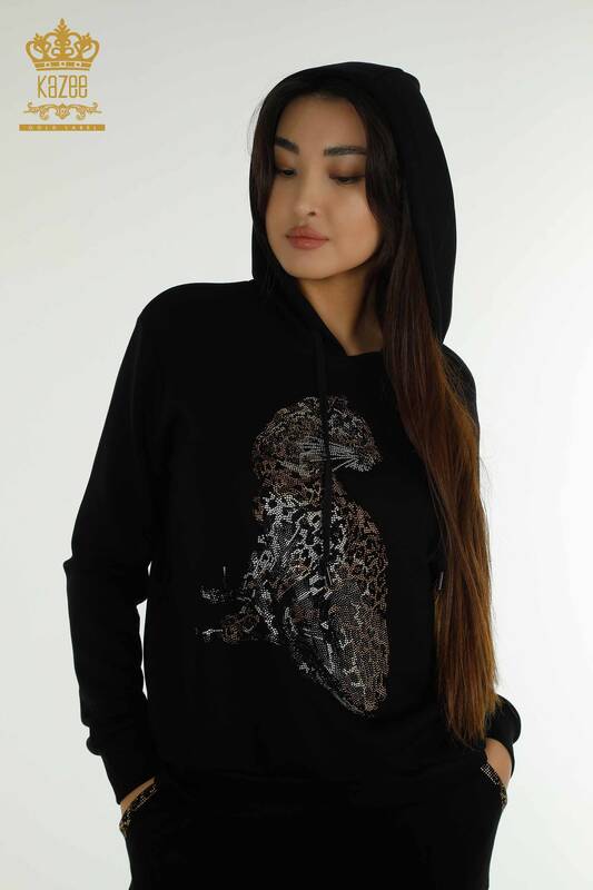 Черный женский спортивный костюм оптом с леопардовым узором - 17580 | КАZEE