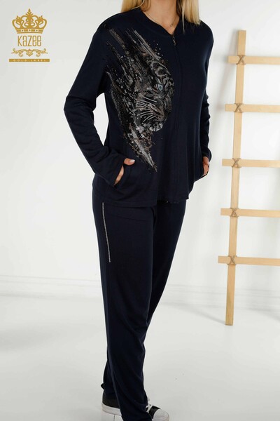 Оптовая продажа женского спортивного костюма темно-синего цвета с леопардовым узором - 16660 | KAZEE - Thumbnail (2)