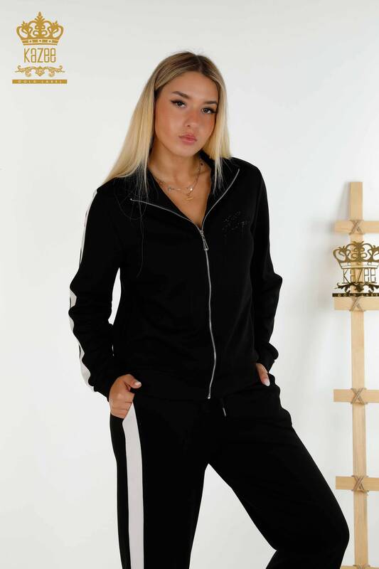 Оптовый женский спортивный костюм на молнии, двухцветный, черный, экрю - 17552 | КАZEE