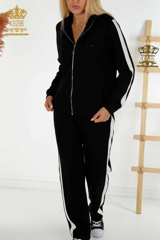Оптовый женский спортивный костюм на молнии, двухцветный, черный, экрю - 17552 | КАZEE