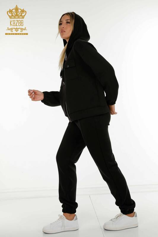 Оптовый женский спортивный костюм на молнии и пуговицах, черный - 17620 | КАZEE