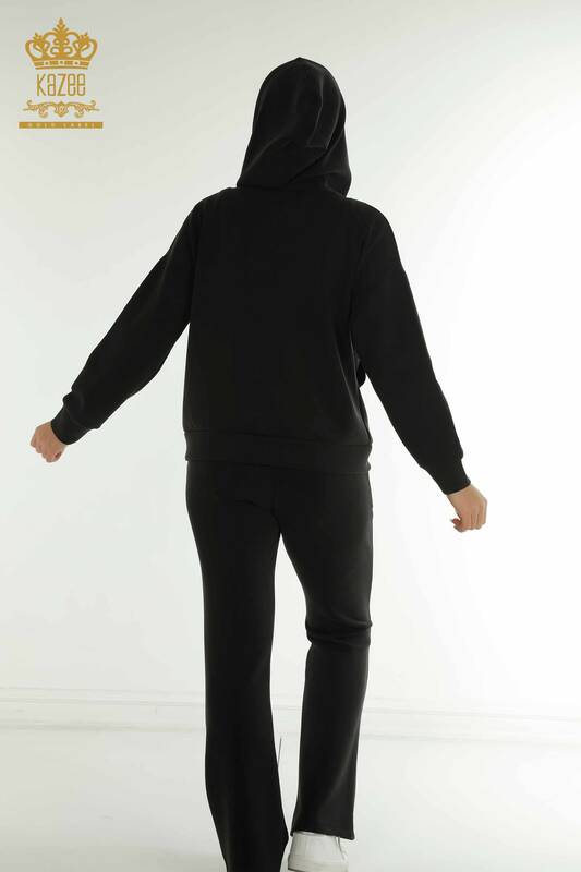 Оптовый женский тройной спортивный костюм с капюшоном, черный - 17616 | КАZEE