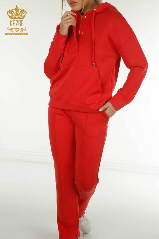 Красный женский спортивный костюм оптом с карманом с капюшоном - 17627 | КАZEE
