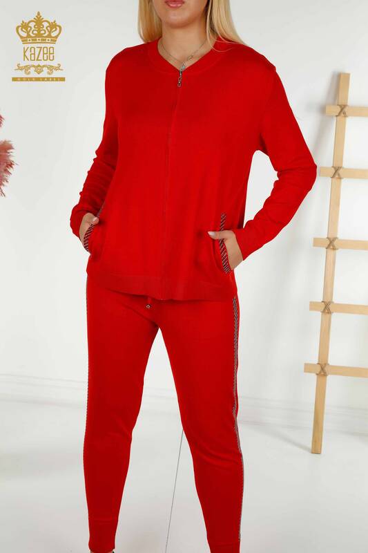 Красный женский спортивный костюм с карманами и молнией оптом - 16679 | КАZEE