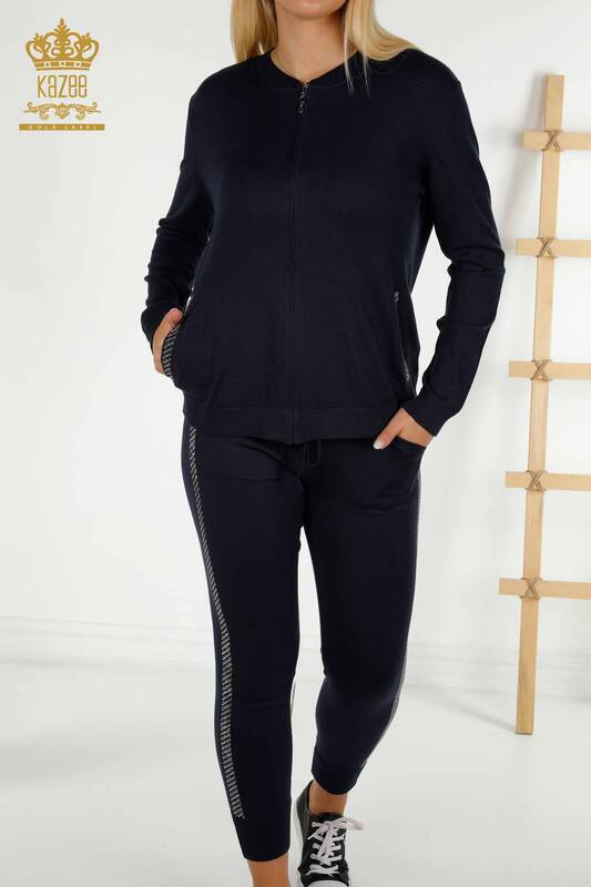 Женский спортивный костюм с карманами и молниями оптом, темно-синий - 16679 | КАZEE
