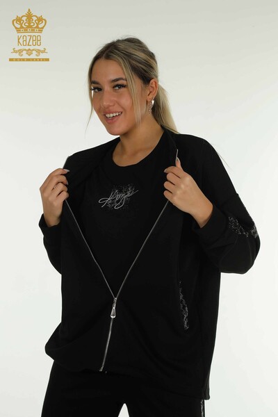 Женский тройной спортивный костюм оптом, черный с застежкой-молнией - 17615 | КАZEE - Thumbnail