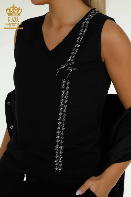 Женский тройной спортивный костюм оптом, черный с пуговицами - 17633 | КАZEE