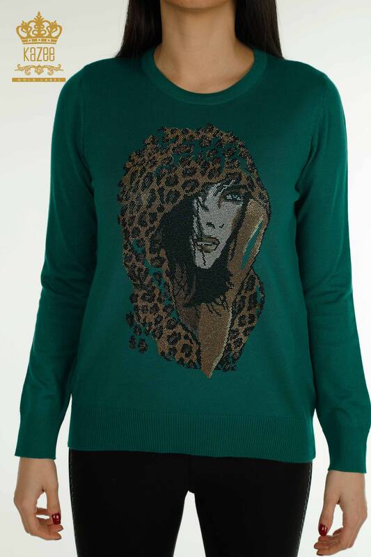 Женский вязаный свитер оптом с рисунком зеленого цвета - 30102 | КАZEE