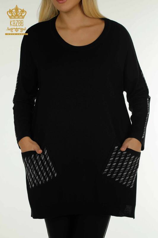 Женский вязаный свитер оптом с карманами черного цвета - 30591 | КАZEE