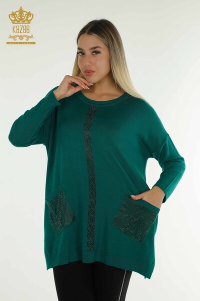 Женский вязаный свитер с карманами оптом, зеленый - 30622 | КАZEE - Thumbnail