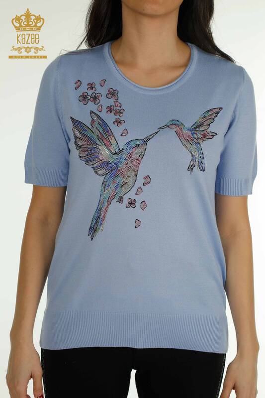 Женский вязаный свитер оптом с рисунком птицы синий - 30456 | КАZEE