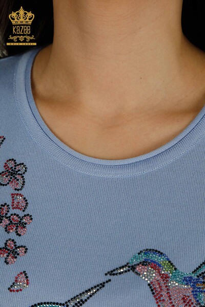 Женский вязаный свитер оптом с рисунком птицы синий - 30456 | КАZEE - Thumbnail