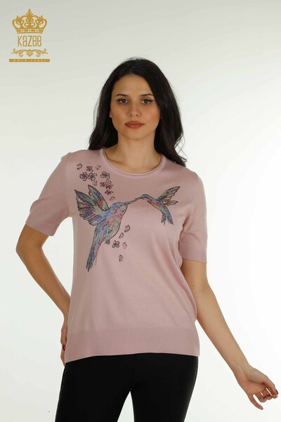 Женский вязаный свитер оптом с рисунком птицы Пудра - 30456 | КАZEE - Thumbnail