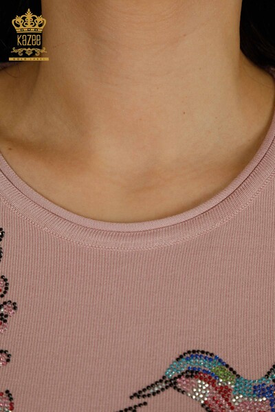 Женский вязаный свитер оптом с рисунком птицы Пудра - 30456 | КАZEE - Thumbnail