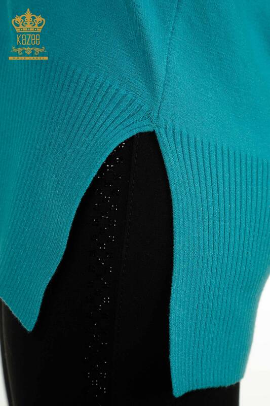 Женский вязаный свитер оптом с разрезом Бирюзовый - 30193 | КАZEE