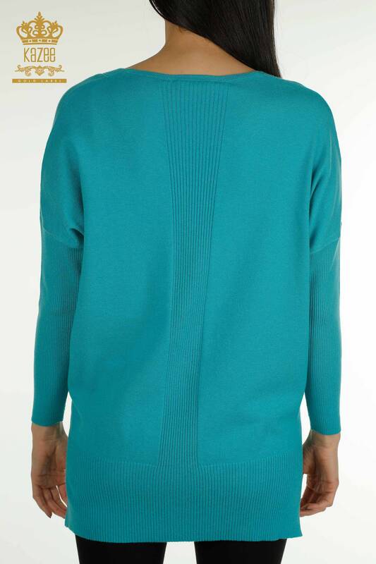 Женский вязаный свитер оптом с разрезом Бирюзовый - 30193 | КАZEE