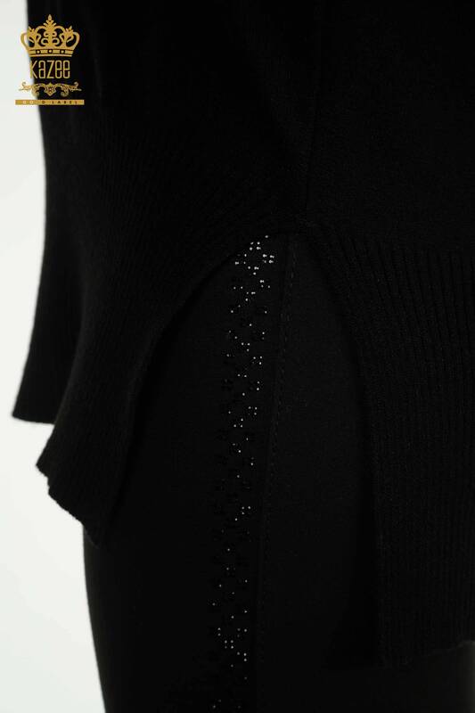 Женский вязаный свитер с разрезом оптом, черный - 30193 | КАZEE