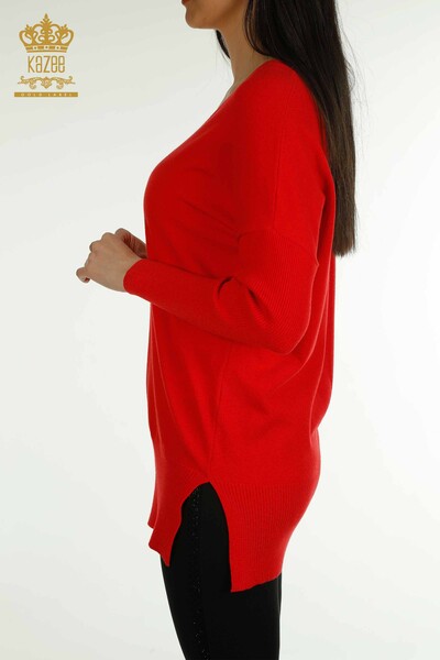 Женский вязаный свитер с разрезом оптом, красный - 30193 | КАZEE - Thumbnail