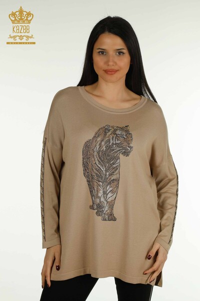 Женский вязаный свитер с тигровым узором оптом, бежевый - 30746 | КАZEE - Thumbnail