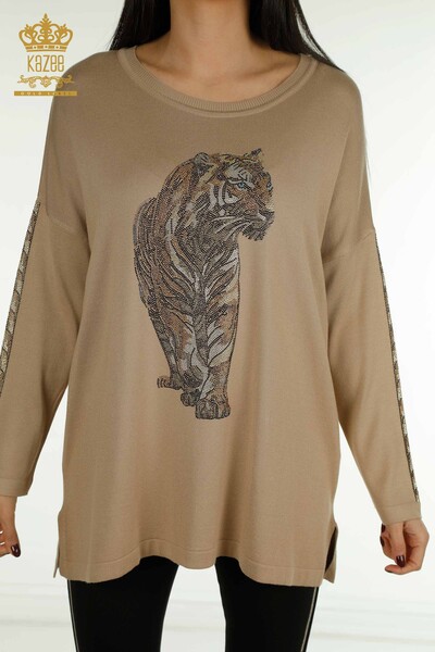 Kazee - Женский вязаный свитер с тигровым узором оптом, бежевый - 30746 | КАZEE (1)