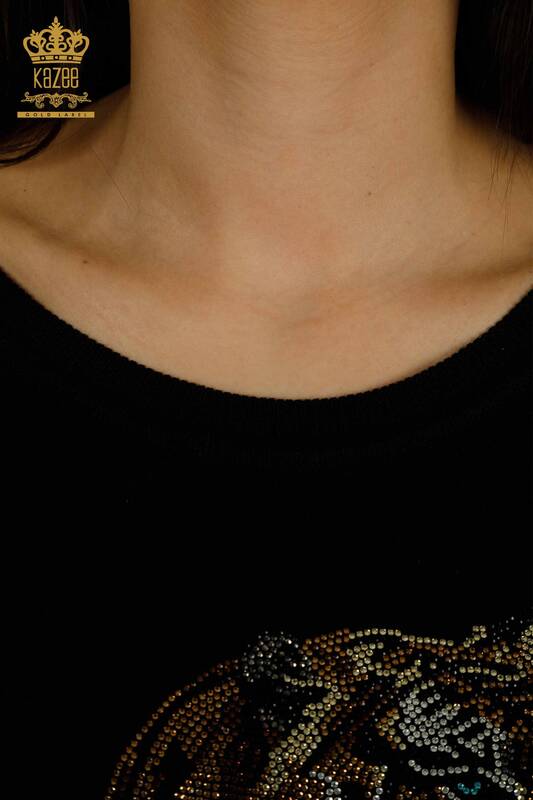 Женский вязаный свитер с узором тигра оптом, черный - 30746 | КАZEE
