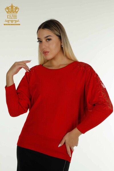 Красный женский трикотажный свитер с деталями из тюля оптом - 15699 | Кazee - Thumbnail