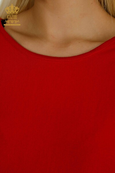 Красный женский трикотажный свитер с деталями из тюля оптом - 15699 | Кazee - Thumbnail
