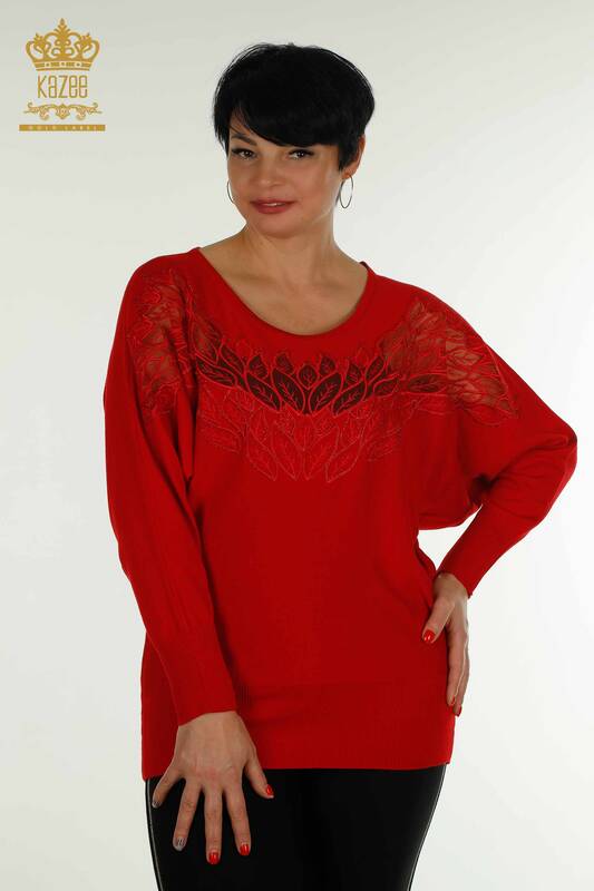 Красный женский вязаный свитер с деталями из тюля оптом - 16942 | КАZEE