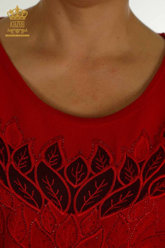 Красный женский вязаный свитер с деталями из тюля оптом - 16942 | КАZEE