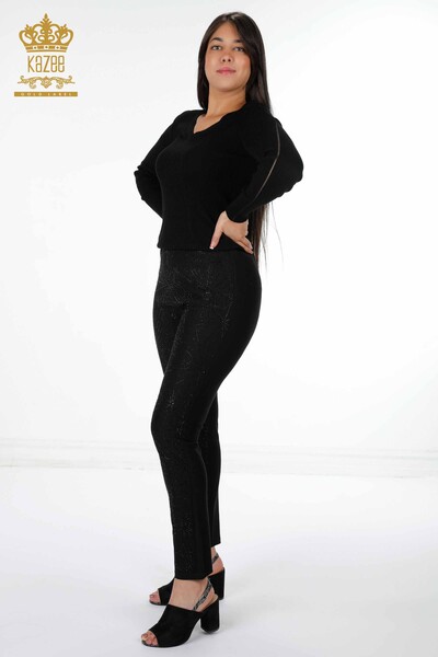 Оптовые женские брюки с вышивкой камнем в полоску с узором - 3439 | КАZЕЕ - Thumbnail