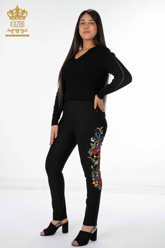 Оптовые женские брюки с карманом Подробная красочная вышивка цветком - 3619 | КАZЕЕ