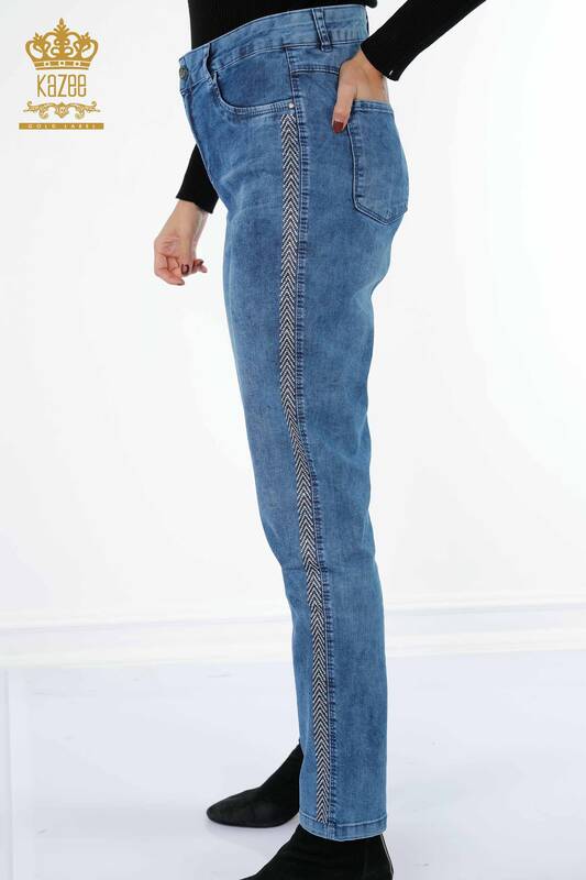 Оптовые женские джинсы в полоску из хрустального камня с вышивкой из хлопка - 3557 | КАZЕЕ