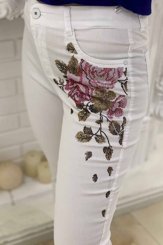 Venta al por mayor Pantalones de mujer con bolsillos con cremallera bordados con piedra - 3279 | kazee