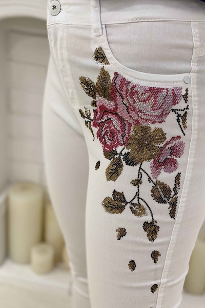 Venta al por mayor Pantalones de mujer con bolsillos con cremallera bordados con piedra - 3279 | kazee - Thumbnail