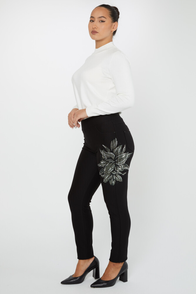 Pantaloni cu broderie cu flori de piatră și talie elastică, negru - 3710 | KAZEE (Set de 4 42-44-46-48) - 1