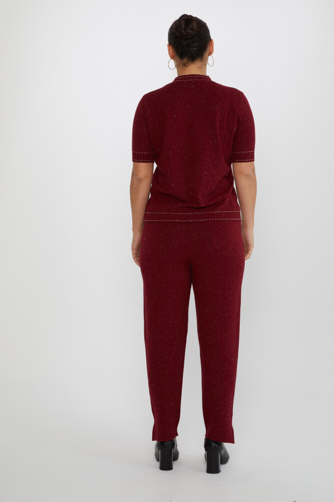 Pantaloni tricotati cu talie elastica cu detaliu cu sclipici, rosu claret - 31527 | KAZEE (Set de 3 M-L-XL) - 5