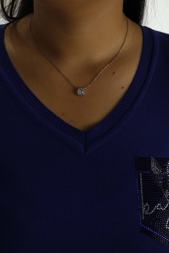 Prendas de punto de manga larga con cuello en V y detalles de piedra Saks - 30751 | KAZEE - 4