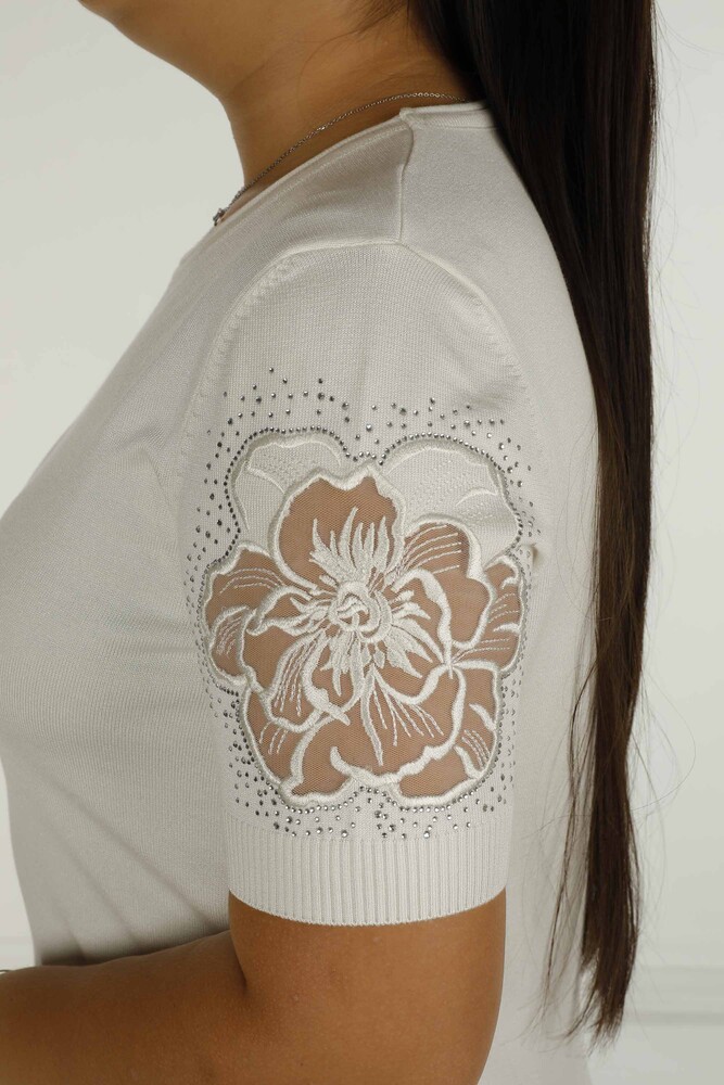 Prendas de punto de tul pedrería con cuello redondo y manga corta Crudo - 30927 | KAZEE - 4