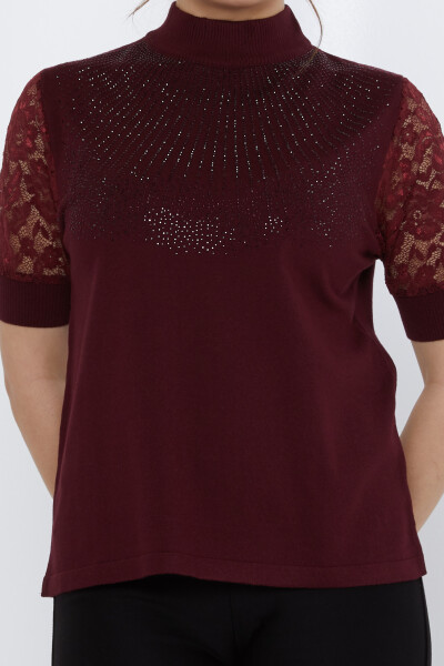 Pull en maille avec manches en dentelle et broderies de pierres rouge bordeaux - 30959 | KAZEE (Lot de 4 M-L-XL-2XL) - 3