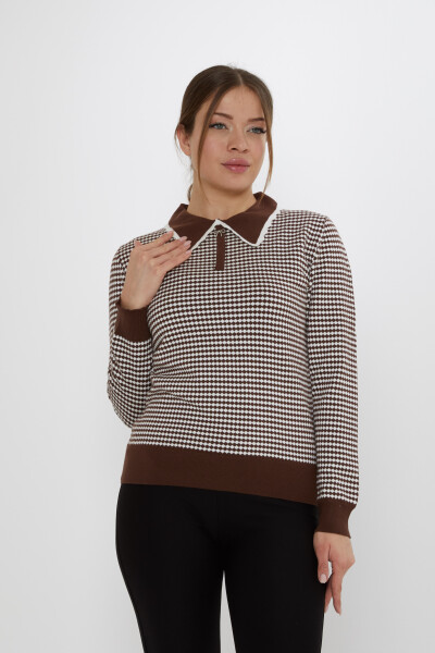 Pull en maille à motifs damier café-écru - 31339 | KAZEE (Lot de 3 M-L-XL) - KAZEE 