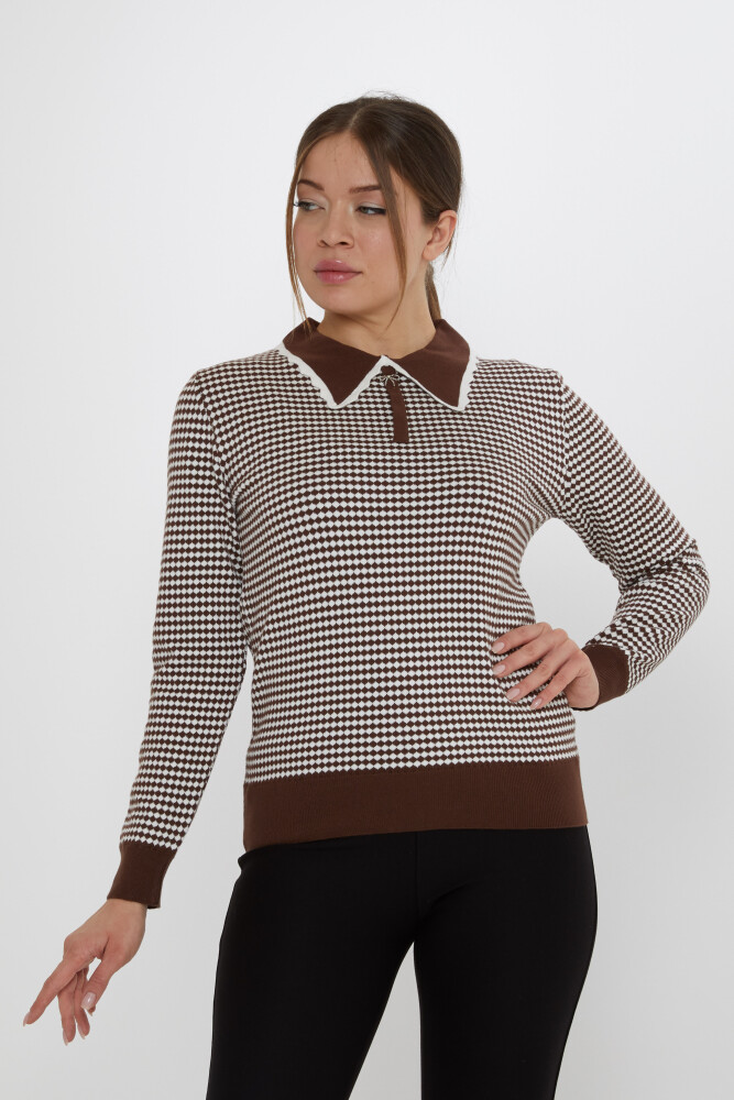 Pull en maille à motifs damier café-écru - 31339 | KAZEE (Lot de 3 M-L-XL) - 2