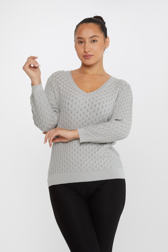 Pull en maille à motif auto-imprimé col V Gris - 31247 | KAZEE (Lot de 3 M-L-XL) - 1