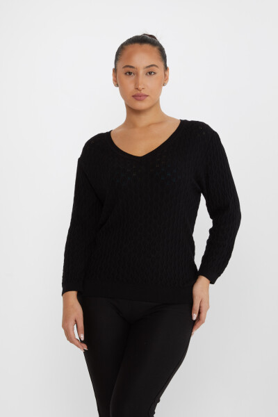 Pull en maille à motif auto-imprimé col V noir - 31247 | KAZEE (Lot de 3 M-L-XL) - 2
