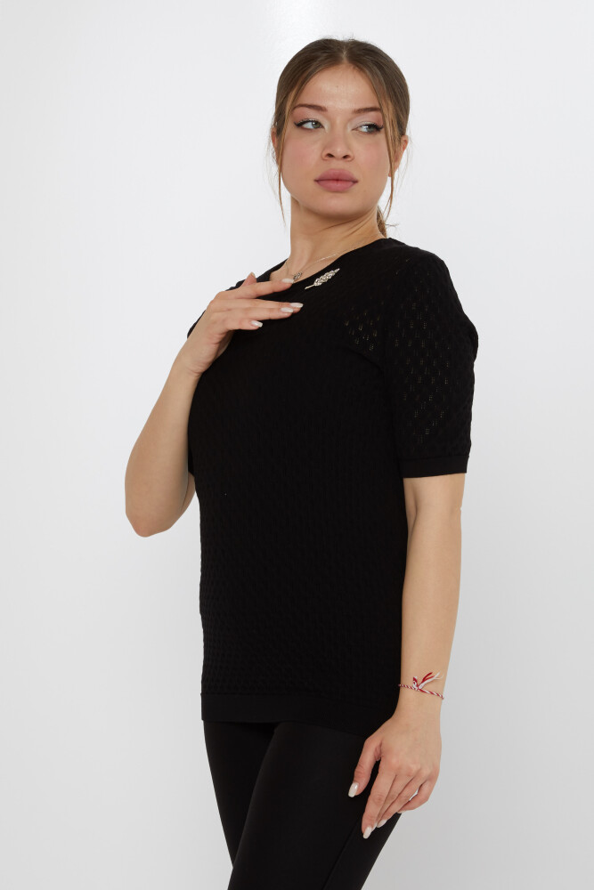 Pull en maille avec broche feuille noire - 31811 | KAZEE (Lot de 3 M-L-XL) - 2