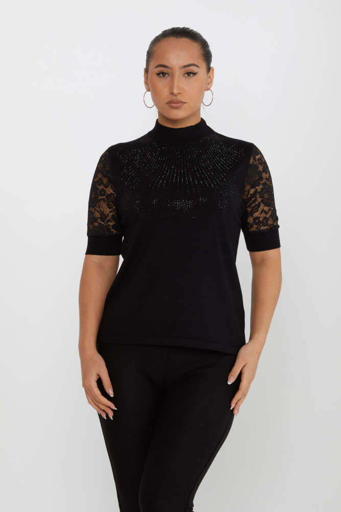 Pull en maille avec manches en dentelle et broderie pierre noire - 30959 | KAZEE (Lot de 4 M-L-XL-2XL) - 1
